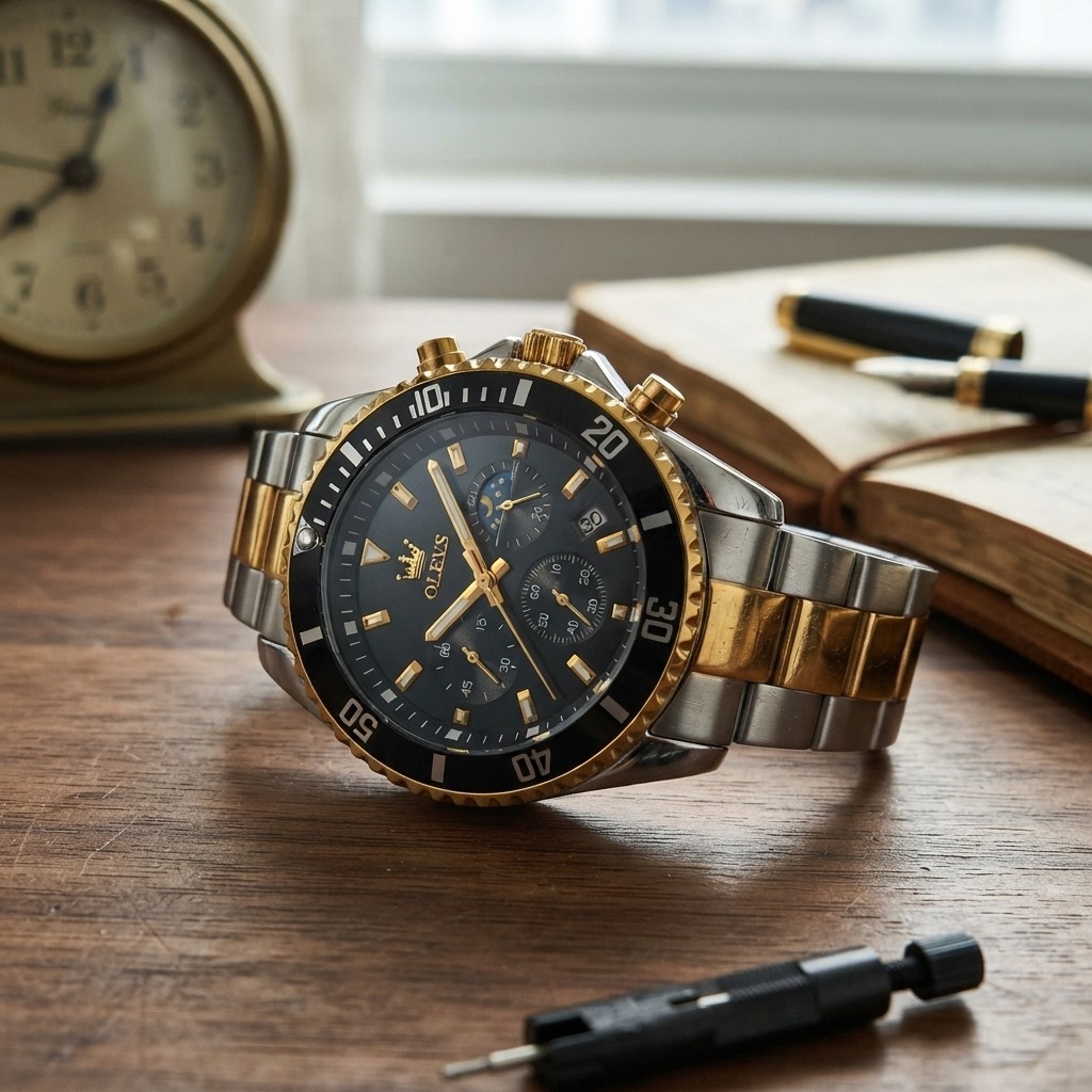 Men’s Gold & Silver Stainless Steel Analog Watch with Rotatable Bezel