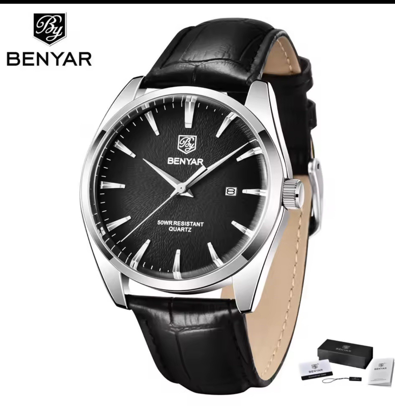BENYAR Men’s Quartz Analog Watch Date Leather Strap 41mm 50m Water Resistant