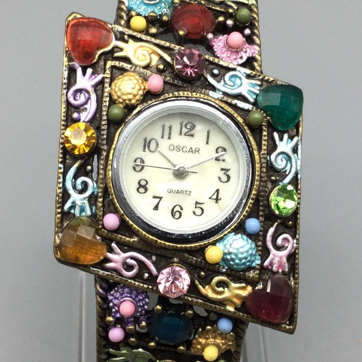 Oscar Women Watch 20mm White Dial Multicolor Crystal Gem Bangle New Battery