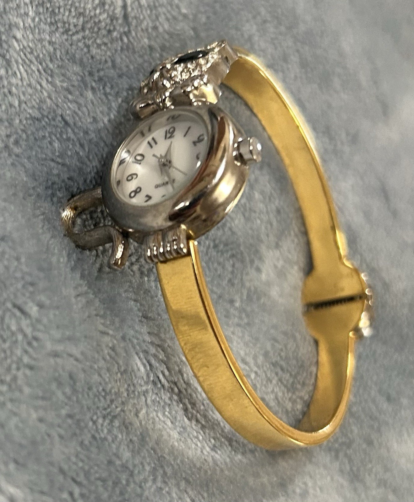 Avon Cat Watch Women Silver Gold Tone Hinged Cuff New Battery 6/8” Case~see Pics