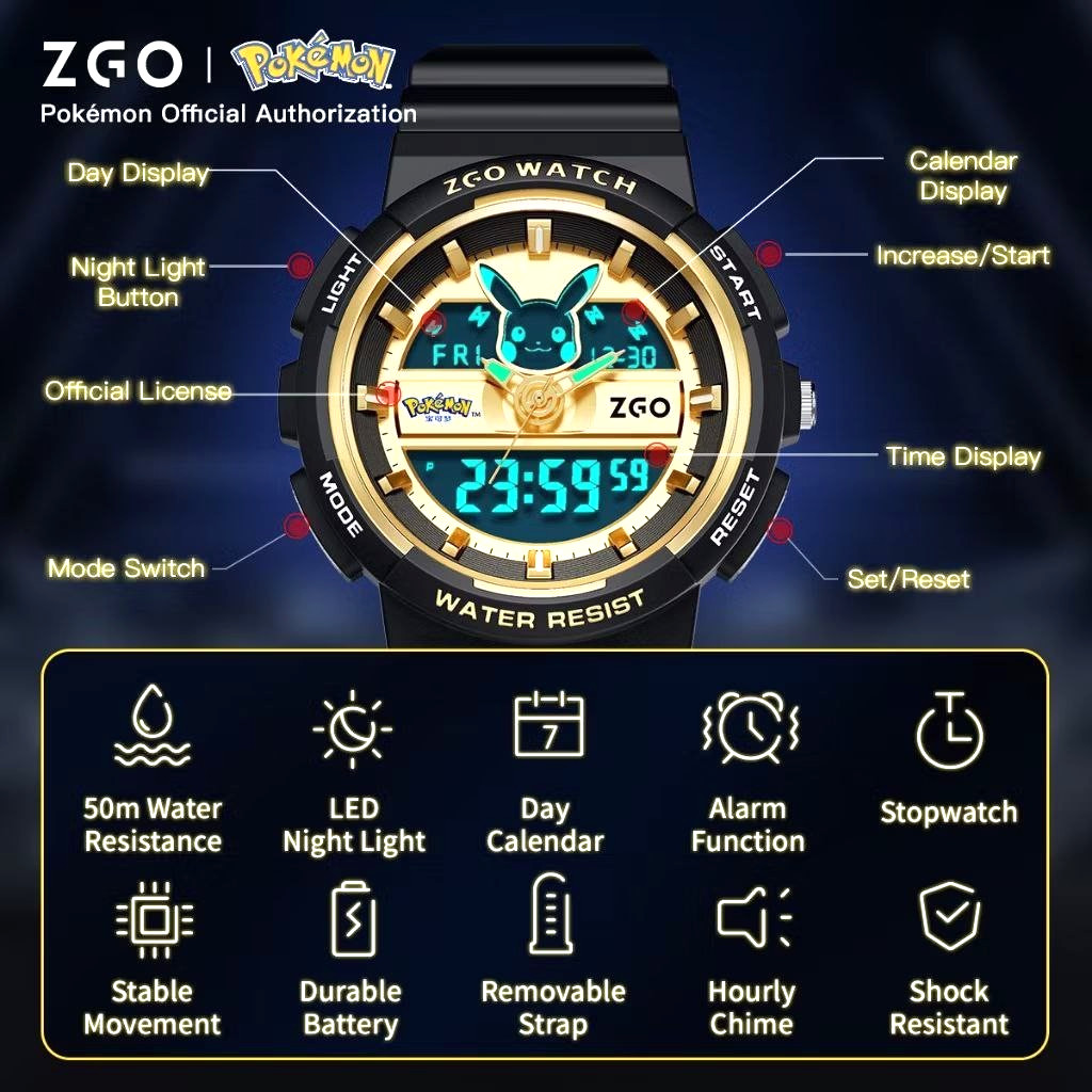 ZGO Pokémon Pikachu Kids Digital Watch Dual Display Waterproof Alarm Chronograph