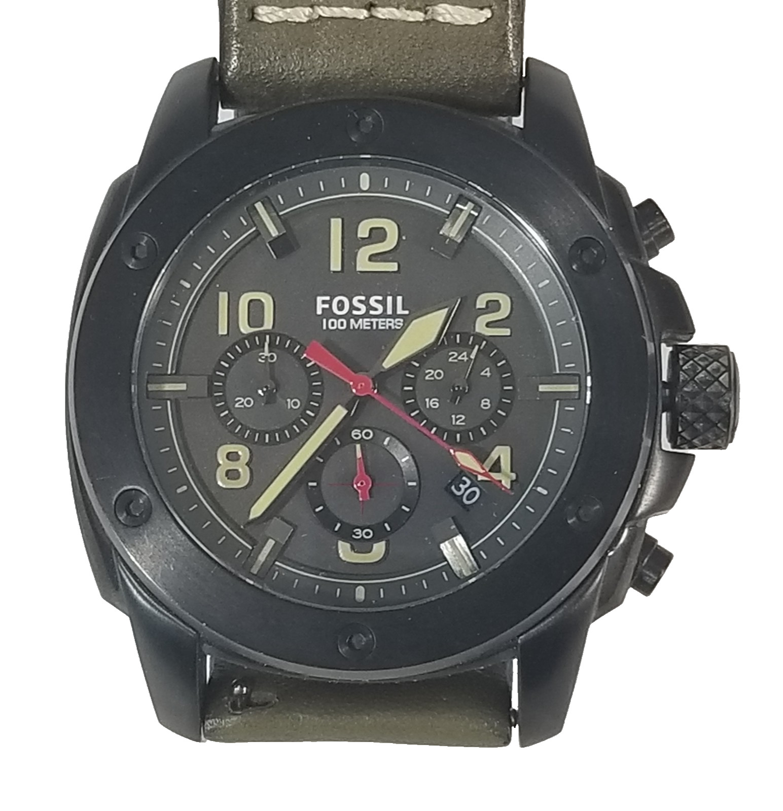 fossil machine chronograph watch Men’s grey dial black case green leather FS5000