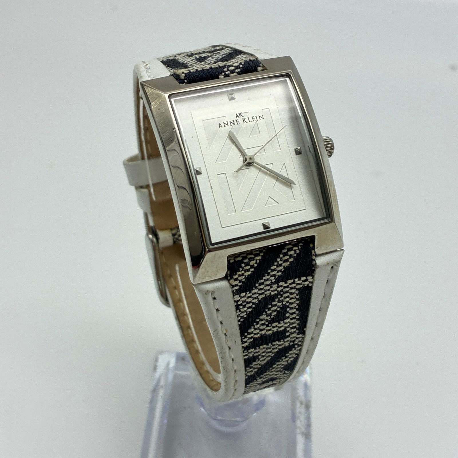 Anne Klein Women Silver Tone Rectangular Watch Monogram Fabric Leather 10/8601