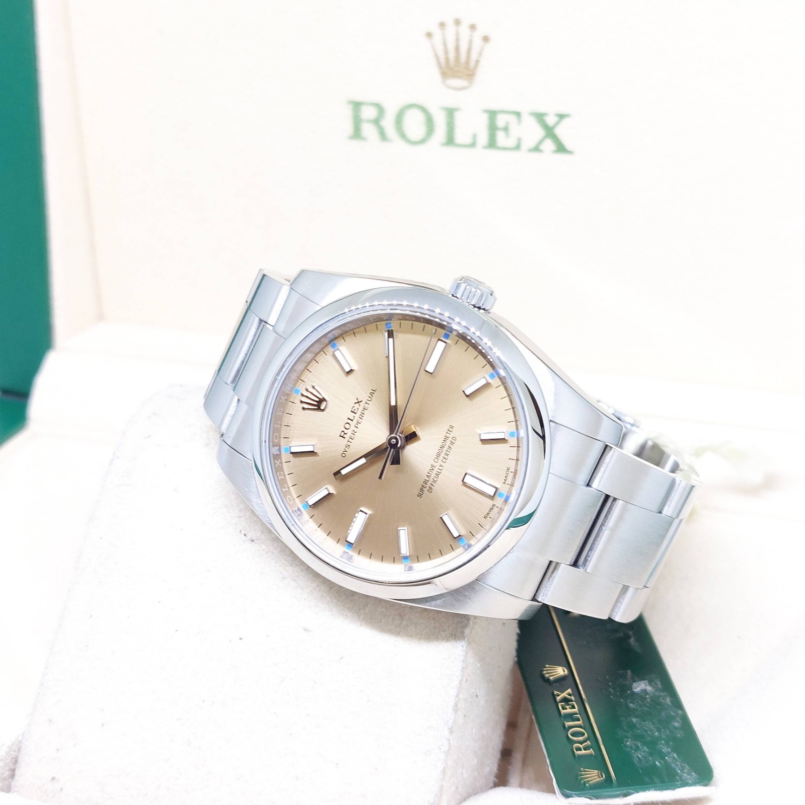 Rolex 34mm Champagne Batons Dial Oyster Perpetual REF: 114200 (2015)