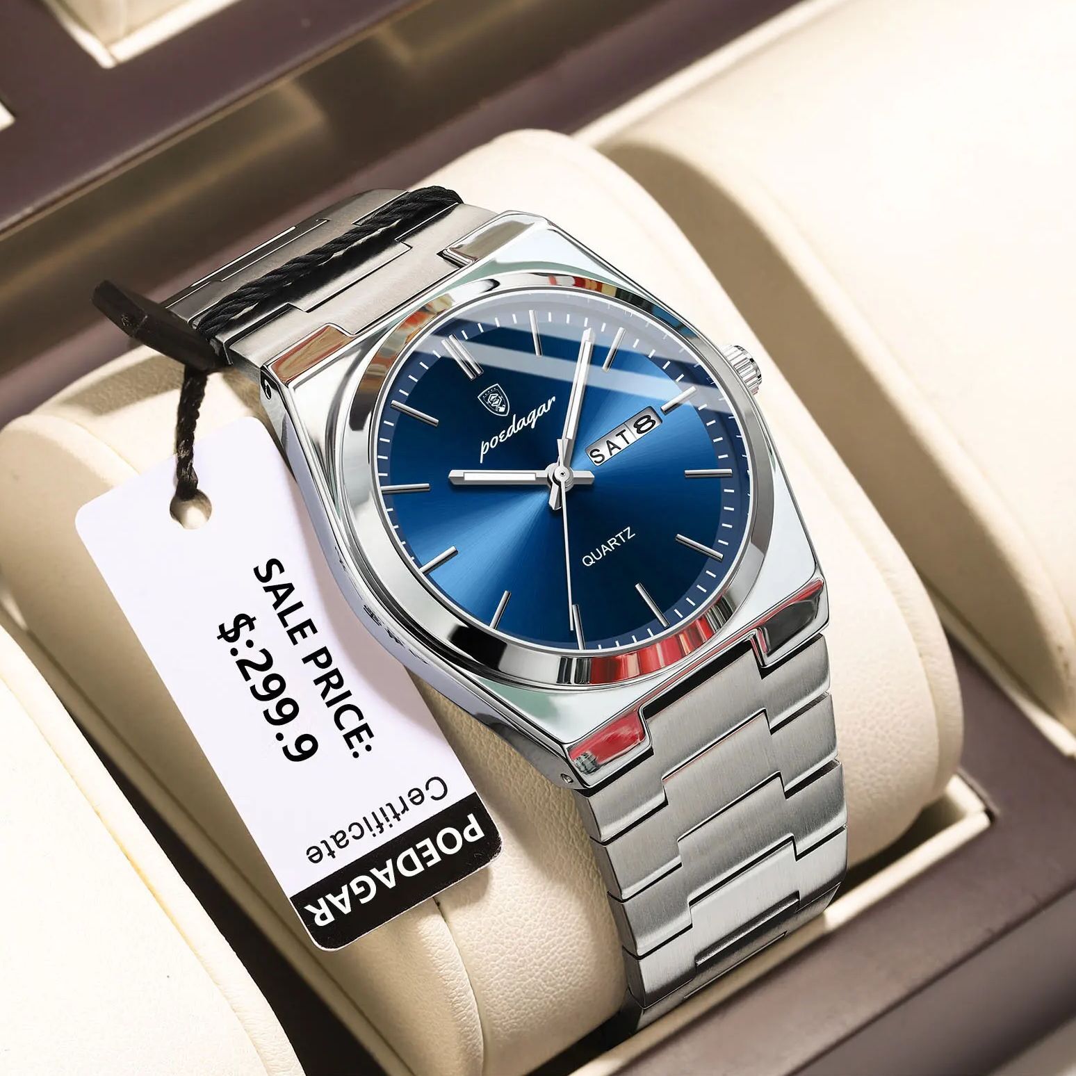 POEDAGAR Luxury Men’s Quartz Watch Business 3Bar Luminous Date Stainless Steel