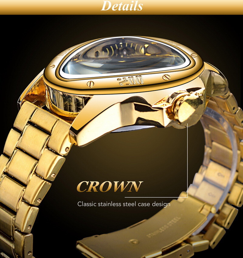 WINNER Mens Triangle Watch Steel Belt Skeleton Automatic Mechanical WristWatch