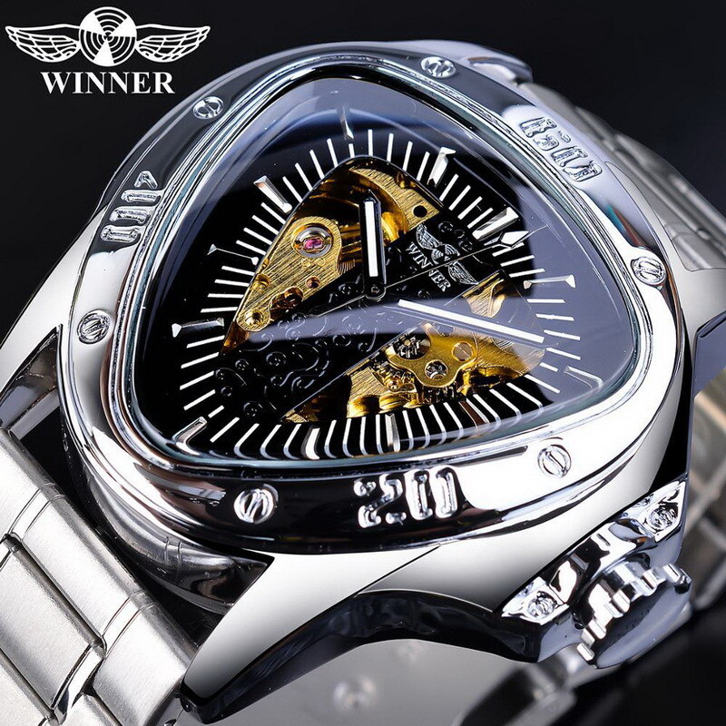 WINNER Mens Triangle Watch Steel Belt Skeleton Automatic Mechanical WristWatch